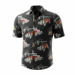 RedHead Hot Rod Car Print Shirt Mens M Black Retro Flame Button Up Casual 3203